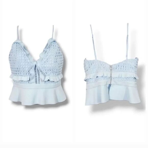Bardot Embroidered Eyelet Lace Ruffle Peplum Cami Tank Top in Sky Blue Size 6/S - Picture 1 of 10